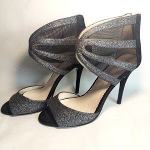 Caparros Shoes | Silver & Black Glitter Mesh Ankle Heels with Back Zipper Size 7